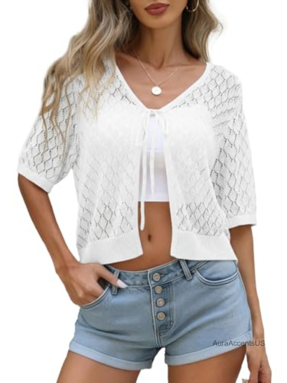 Crochet Tie Front Cardigan Shrug Short Sleeve Knit Crop Top